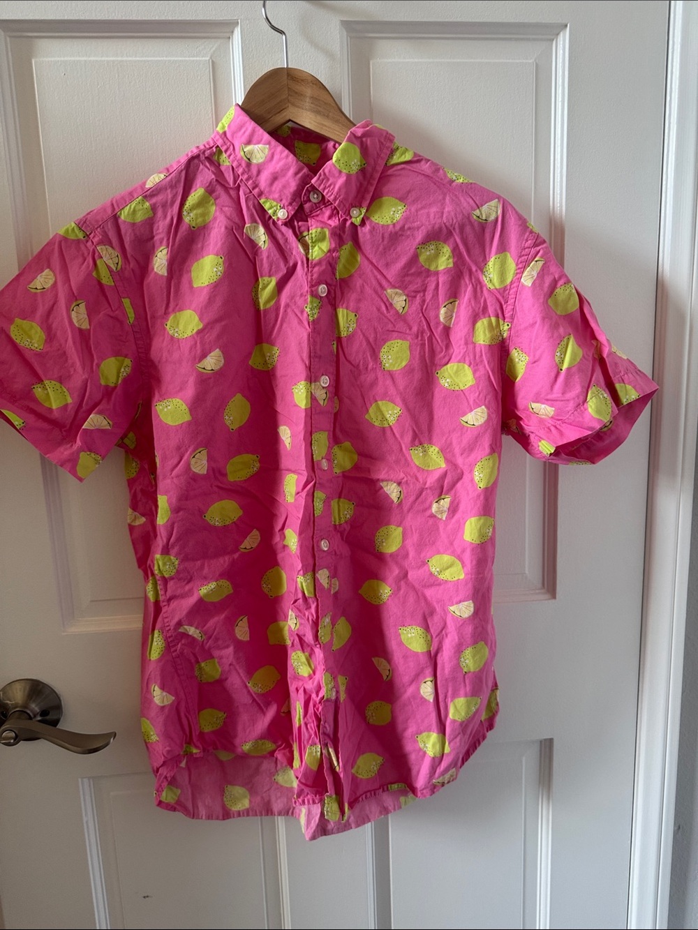 Bonobos Pink Short-Sleeve Button-Down Shirt with Yellow Lemon Print